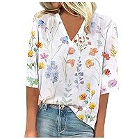Women's Three Quarter Sleeve Tops V Neck Shirts Women 2023 Trendy Summer Floral Shirt Loose Graphic Tee Blouse