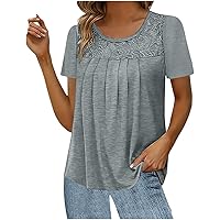 Womens Plus Size Summer Tops Short Sleeve Crew Neck T Shirt Dressy Casual Loose Pleated Hide Belly Tunic Blouses for Leggings