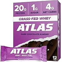 Atlas Protein Bar, 20g Protein, 1g Sugar, Clean Ingredients, Gluten Free (Dark Chocolate Almond, 12 Count (Pack of 1))