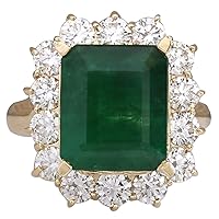 6.68 Carat Natural Green Emerald and Diamond (F-G Color, VS1-VS2 Clarity) 14K Yellow Gold Luxury Engagement Ring for Women Exclusively Handcrafted in USA