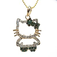Hello Kitty Pretty Gold Trim Lucky 4 Leaf Clover Shamrock Emerald Dark Green May Birth stone color Rhinestone Crystal Bowknot Bow Pendant Happy Birthday Valentine Gift. Chain (style varies) included.