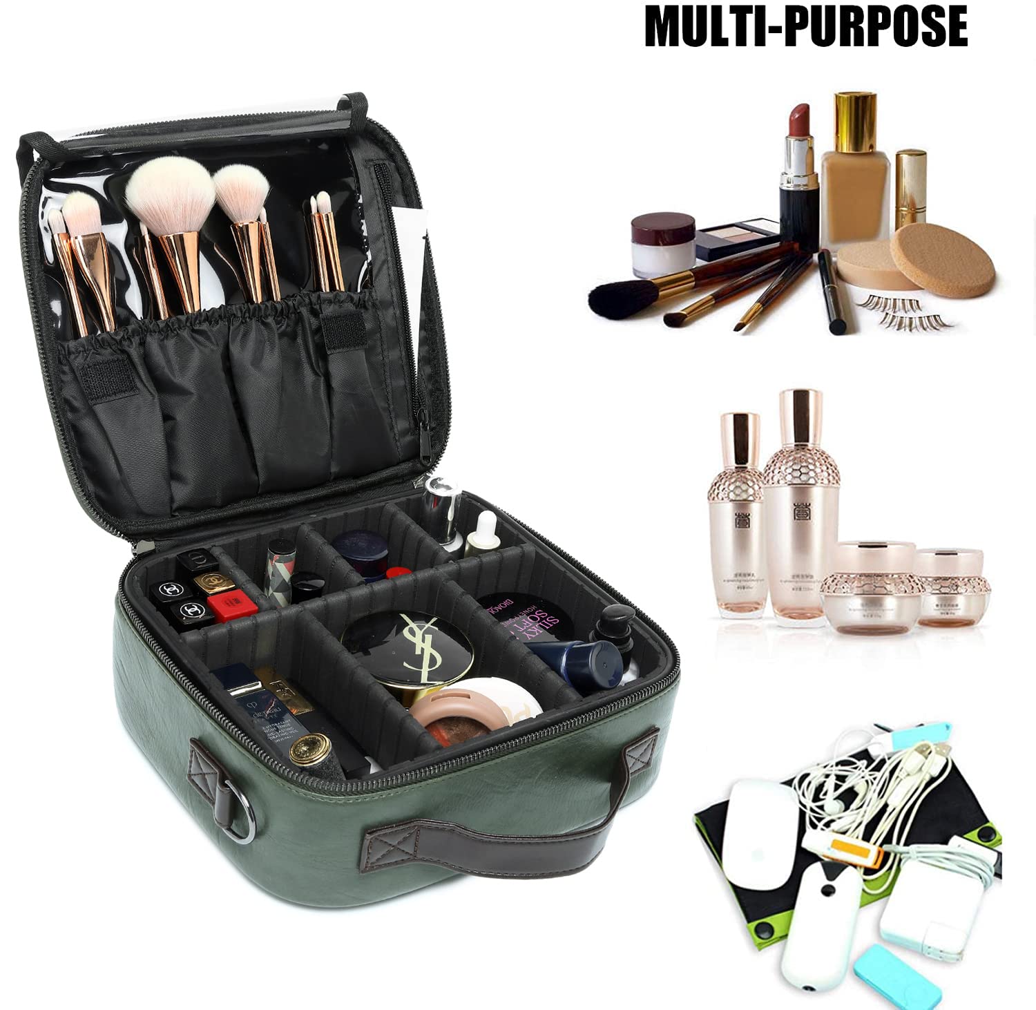 LACATTURA Travel Makeup bag, Leather Makeup Train Case Cosmetic Organizer for Makeup Brushes Toiletry Digital Accessories, Portable Artist Storage Bag With Shoulder Strap for Women lady Green