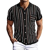 PJ PAUL JONES Mens Stripe Polo Shirt Vintage Lapel Collar Knit Shirt Casual Short Sleeve Button Down Shirt