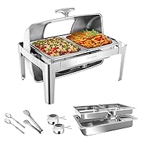 Roll Top Chafing Dishes for Buffet w/Visible Lid, 9QT Rectangular Chafing Dish Buffet Set w/Serving Utensils, Stainless Steel Chafers for Catering for Weddings, Parties (2 Half-Size Pan)