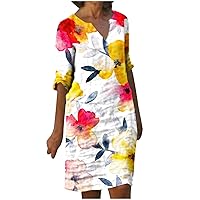 Trendy Floral Print Beach Sundress for Women Casual Summer Notch V Neck 3/4 Sleeve Knee Length Cotton and Linen Dress