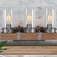 LOG BARN Farmhouse Rustic Bathroom Vanity Light, Wall Light Fixture 3 Lights in Wood and Cylindrical Bubbled Glass