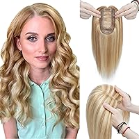 Elailite Human Hair Toppers for Women with Thinning Hair Clip in V3.0 Real Hair Pieces 10 Inch Middle Parting for Top Hair Loss Cover Gray Fine Hair [Style-C] Golden Brown& Bleach Blonde