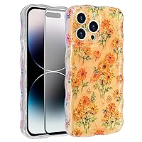 Compatible iPhone 14 Pro Max 6.7'' Retro Oil Painting Flower Pattern Phone case,【HD Tempered Film X 1】 Cute Curly Wave Frame Shape,Durable Soft TPU Shockproof Case for Girls Women-Orange
