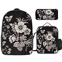 Blooming Meadow Flowers Print Backpack 3Pcs Set Cute Back Pack with Lunch Bag Pencil Case Shoulder Bag Travel Daypack