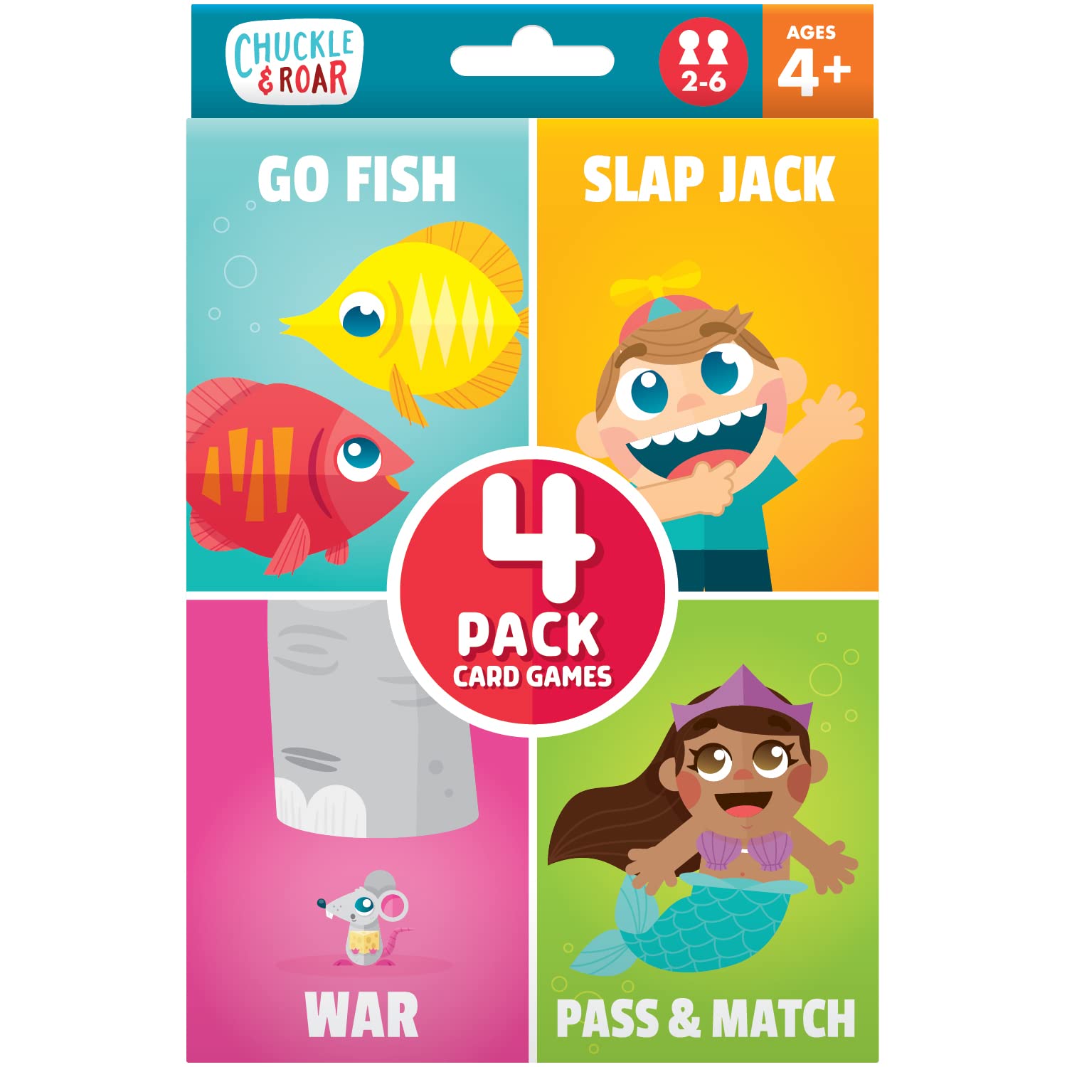 Chuckle & Roar - Classic Card Games 4pk - Ages 4 and up - Family Game Night - Go Fish, Slapjack, War, Pass and Match