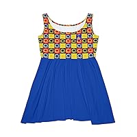 Women's Skater Dress (AOP), with Colorful Checkered Design with Golden Chain in The Center, in Blue Dress.