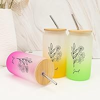 New Year Gifts Personalized Birth Flower Frosted Glass with Bamboo Lid And Straw 16 Oz Water Smoothie Cups Bamboo Covered Anniversary Mother Day Gifts for Her, Girlfriend, Bitrhflower