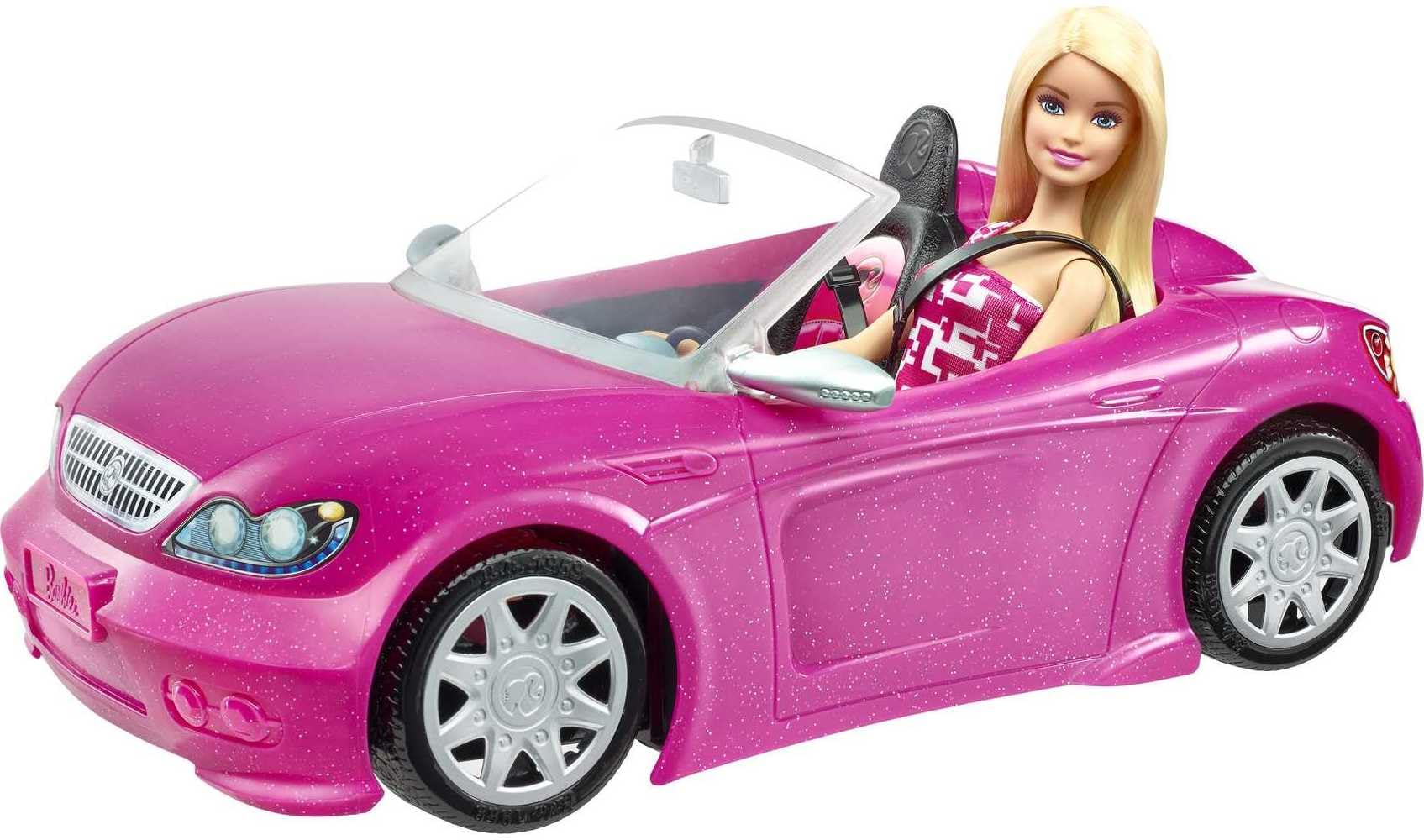 Barbie Car and Doll Set, Sparkly Pink 2-Seater Convertible with Glam Details, Doll in Sundress and Sunglasses (Amazon Exclusive)