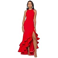 Betsy & Adam Women's Long Halter Crepe Tiered Ruffle Gown