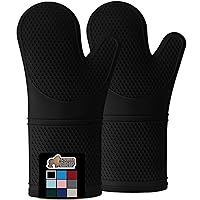 Gorilla Grip Heat and Slip Resistant Silicone Oven Mitts Set, 14.5 in, Soft Cotton Lining, Waterproof, BPA-Free, Extra Long Thick Gloves for Cooking, BBQ, Kitchen Mitt Potholders, Black