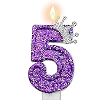 Purple Number 5 Candle for Girl Birthday Party Decorations, Girl 5th Birthday Party Decorations Supplies, 3D Crown Designed Purple Number Candles for Birthday Cake Topper Decorations