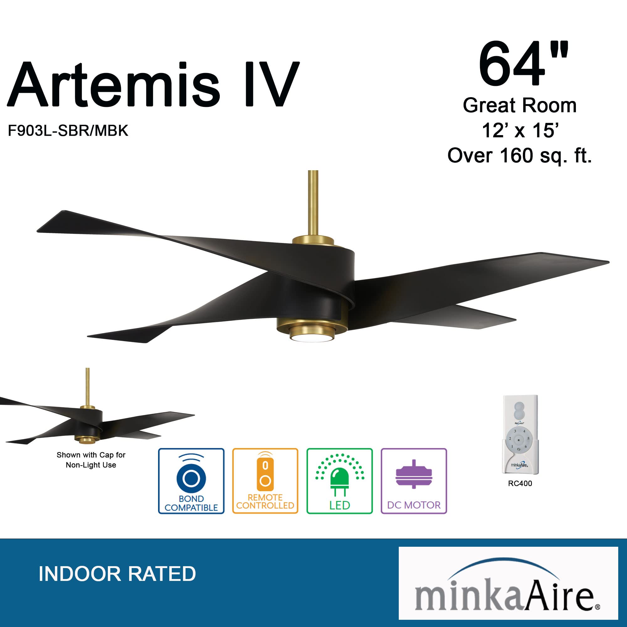 MINKA-AIRE F903L-SBR/MBK Artemis IV 64 Inch Ceiling Fan with LED Light and DC Motor in Soft Brass Finish and Matte Black Blades