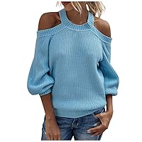 Women Fashion Solid Autumn Sweater Wild Crewneck Strapless Knitted Tops(Blue,M)