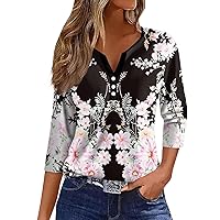 Womens T-Shirts 3/4 Sleeve Retro Floral Sunflowers Prints V Neck Button Summer Tops Loose Herry Neck Trendy Dressy Blouse