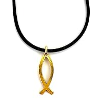 Jesus Fish Large Ichthus Gold Necklace On Black Cord