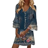 Women Summer Dresses Boho Floral Cotton Linen Mini Dress V Neck 3/4 Bell Sleeve Knee Length Flowy Beach Dress