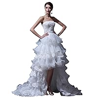 Ivory Organza Strapless High Low Wedding Dress With Beaded Lace