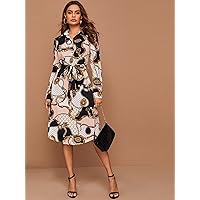 Dresses for Women - Chain Print Curved Hem Belted Shirt Dress (Color : Multicolor, Size : X-Large)
