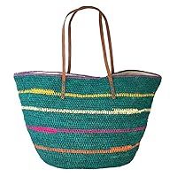 Mar Y Sol Cielo Striped Crocheted Raffia Straw Carryall Tote Bag, Aqua Multi
