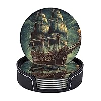 6pcs Drink Coasters with Holder, Leather Coasters for Drinks, Nautical Vintage Sailing Pirate Ship Cup Coasters for Coffee Table Decor, Non-Slip Drinking Cup Mat for Hot Or Cold Drink 4