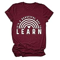 It's A Beautiful Day to Learn T Shirt Womens Casual Short Sleeve Crewneck Shirt Funny Graphic Tops Cute Teacher Gifts