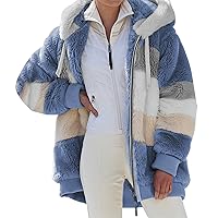 Womens Hooded Color Block Patchwork Cardigan Coats Winter Loose Long Sleeve Jacket Plush Coat Outerwear with Zipper