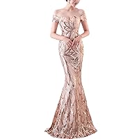 Women Sequins Off Shoulder Cold Shoulder Fishtail Mermaid Bridesmaid Prom Evening Party Maxi Dresses Gowns 22310