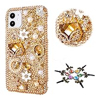 Sparkle Phone Case Compatible with iPhone 11 - Stylish - 3D Handmade Bling Girls Bag Flowers Rhinestone Crystal Diamond Design Cover Case - Gold