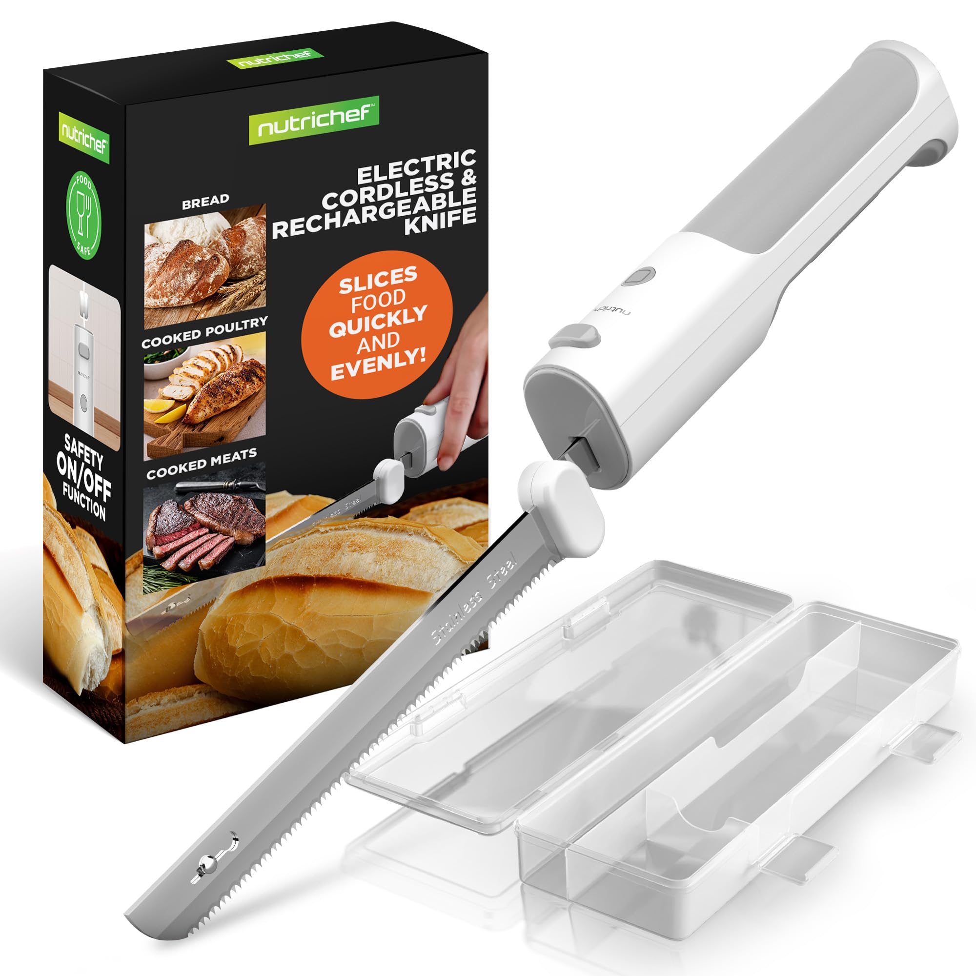 NutriChef Cordless Electric Knife | Easy to Use Constant ON/OFF Safety Function Button | Carve Turkey, Meats, Poultry, Bread, Cheese & More | Lightweight with Contoured Grip Handle (White & Grey)
