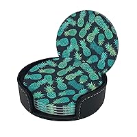 Blue Pineapple Print Coaster,Round Leather Coasters with Storage Box for Wine Mugs,Cold Drinks and Cups Tabletop Protection (6 Piece)