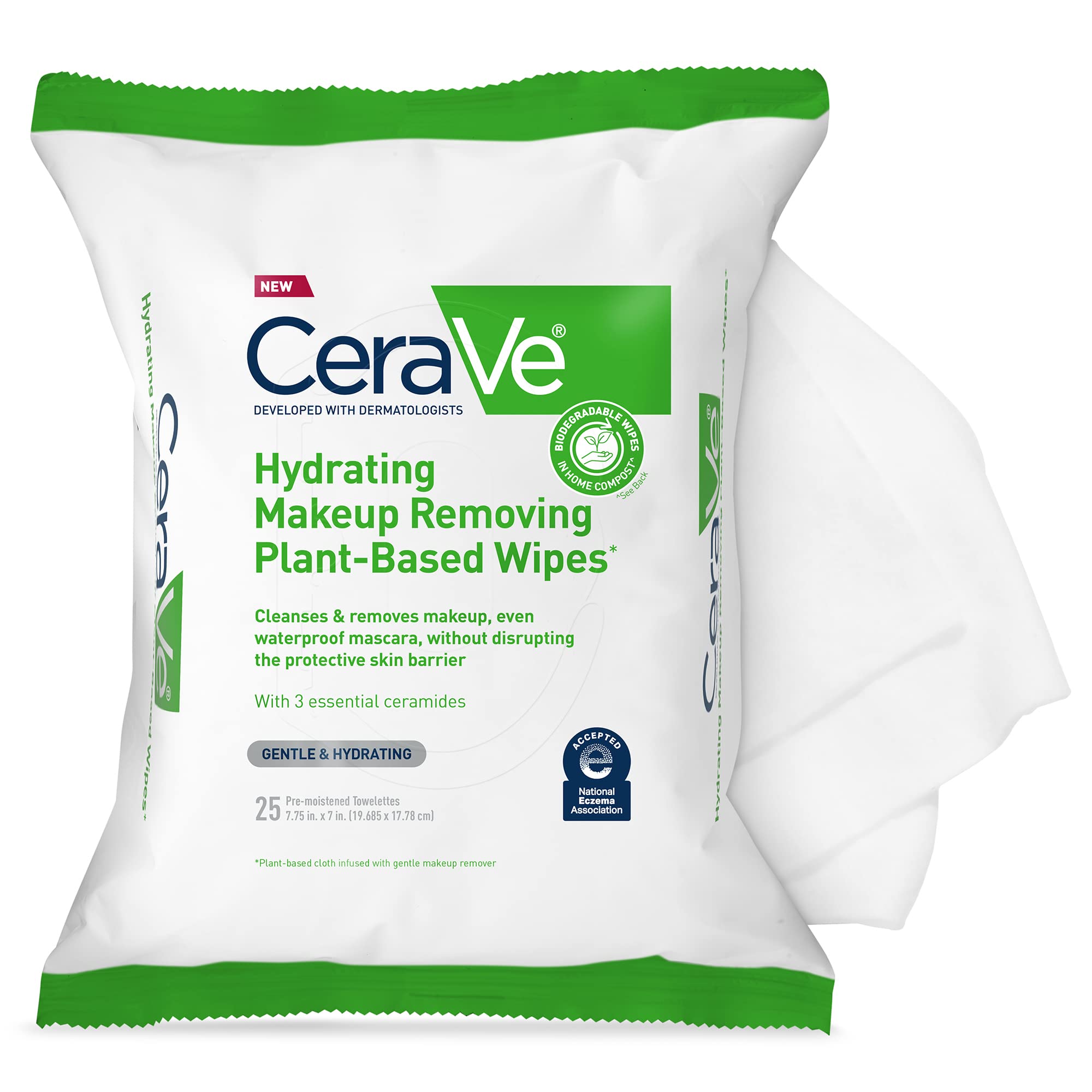 CeraVe Hydrating Facial Cleansing Makeup Remover Wipes| Plant Based Face Wipes| Biodegradable in Home Compost| Face Wash Cloth| Suitable for Sensitive Skin| Fragrance-free Non-comedogenic| 25 Count