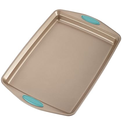 Rachael Ray Cucina Bakeware Set Includes Nonstick Bread Baking Cookie Sheet and Cake Pans, 5 Piece, Latte Brown with Agave Blue Grips