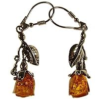 BALTIC AMBER AND STERLING SILVER 925 DESIGNER COGNAC ROSE EARRINGS JEWELLERY JEWELRY