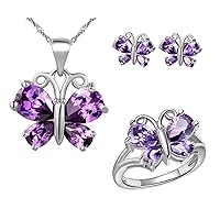 Uloveido Platinum Rose Gold Plated Purple White Crystal Cubic Zirconia Cute Charm Butterfly Pendant Necklace Earrings and Ring Cheap Jewelry Set for Girls Women