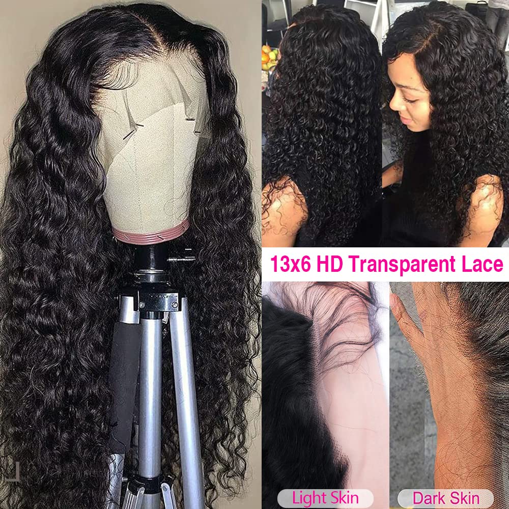 CHEETAHBEAUTY Deep Wave 13X6 HD Transparent Lace Front Wigs Brazilian 10A Grade Deep Curly Human Hair Wigs for Black Women Pre Plucked with Baby Hair Natural Black 180% Density (30inch)