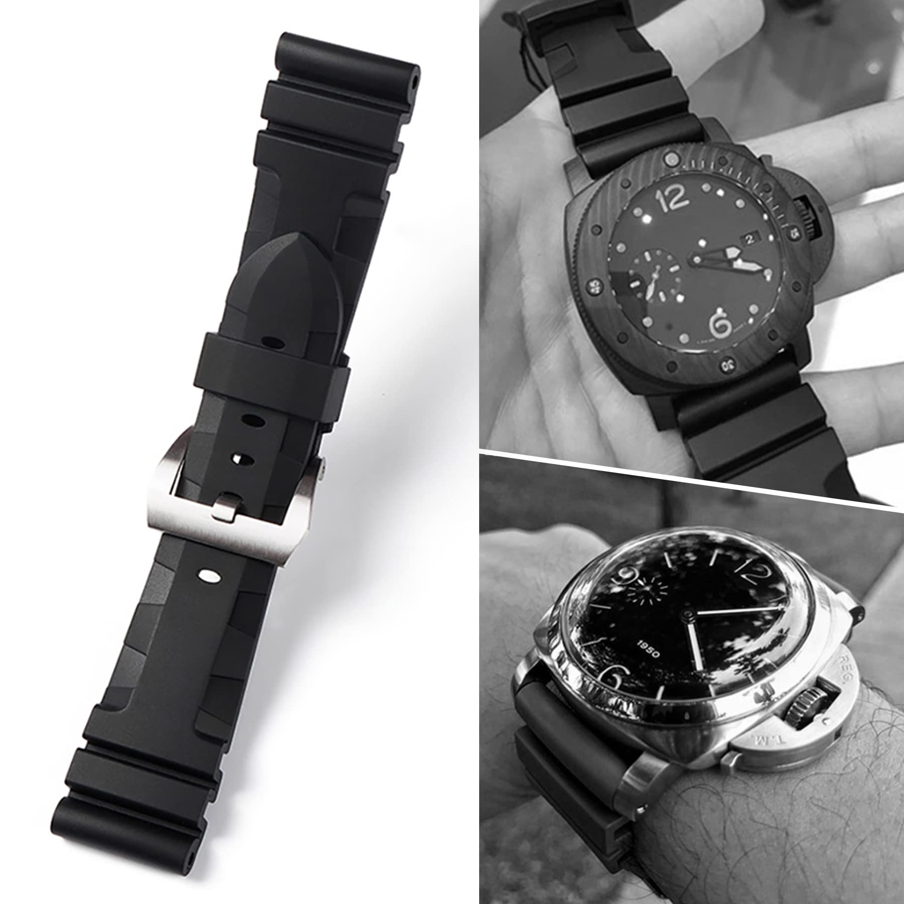Men's Military Strong Rubber Watch Band Soft Silicone Replacement Watch Strap with Stainless Steel Wide Buckle Universal Strap Waterproof Sport Black