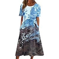 Casual Dresses for Women Summer Printed Pleated Round Neck Midi Dresses Basic Short Sleeve Loose Dresses