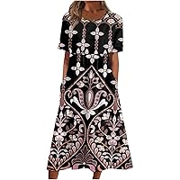 Women's Casual Dresses Printed Dresses Summer Dresses Printed Pleated Round Neck Midi Dresses Basic Classic