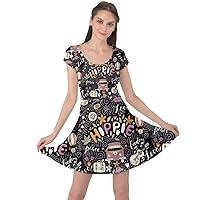CowCow Womens Colorful Peace Love and Music Pattern Groovy Notebook Doodle Cap Sleeve Dress, XS-5XL