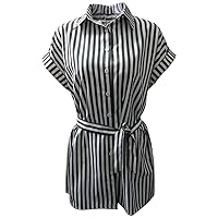 Women's Striped Short Sleeved Shirt Collar Lace Up Dress Summer Striped Ladies Button Tie Waist Midi Dresses for