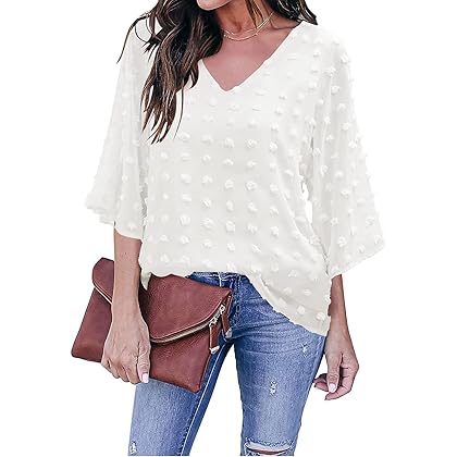 LookbookStore Women's Casual V Neck Bell Sleeve Blouse Pom Pom Loose Shirt Top