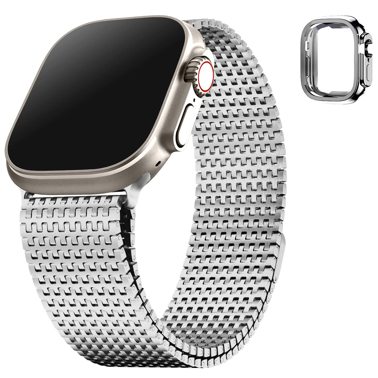 Fullmosa Compatible Apple Watch Band Ultra 49mm, Stainless Steel Mesh Loop Magnetic Clasp iWatch Band with TPU Case for Apple Watch Series Ultra 8 7 6 5 4 3 2 1 SE SE2 (Silver)