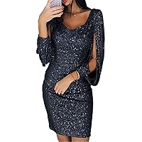 Andongnywell Womens Elegant Sequin Tassel Sleeve Bodycon Long Sleeve Sequins Fringe Dress Sexy Midi Dresses