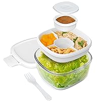 Bentgo® Glass All-in-One Salad Container - Large 61-oz Salad Bowl with Lid, 4-Compartment Bento-Style Tray, 3-oz Sauce Container, and Reusable Fork - Dishwasher, Microwave, and Oven Safe (White)