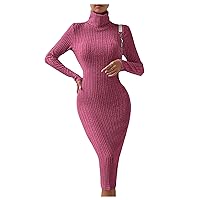 Women's Turtleneck Sweater Dress Ribbed Knit Long Sleeve Bodycon Dress Slim Fit Midi Pencil Dresses
